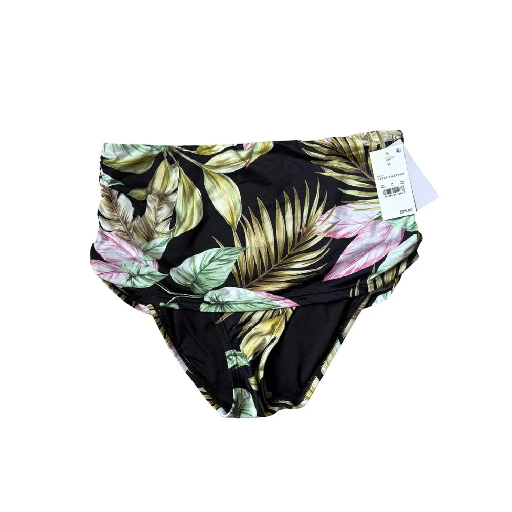 Lands End Womens High Waisted Tropical Palm Bikini Bottoms Black Medium NWT